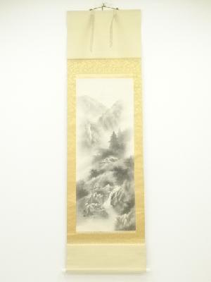恵仙筆　水墨山水　肉筆絹本掛軸（共箱）
